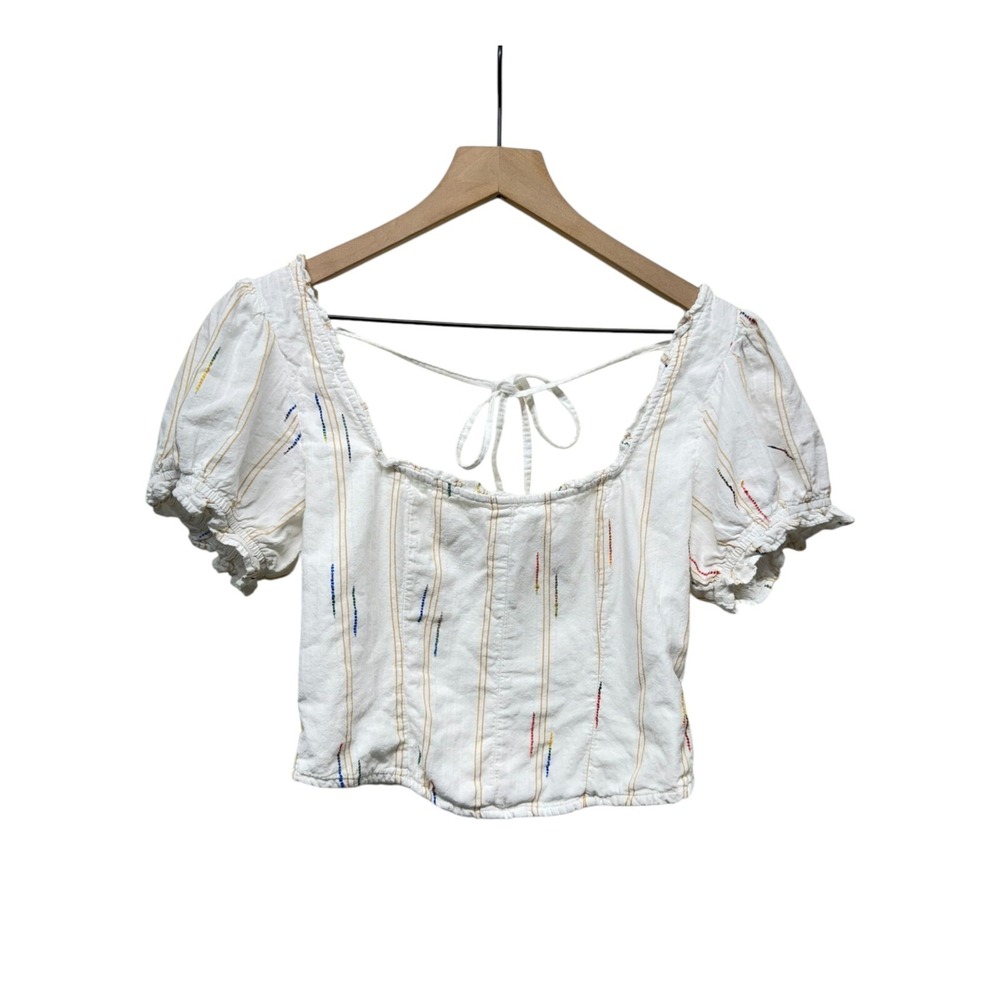 Free People Women Cropped Corset Smocked Top Sz S White Puff Sleeve Cottage Boho - Picture 2 of 7